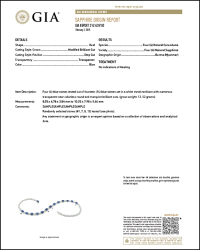 A sample GIA Color Stone Identification & Origin Report Image